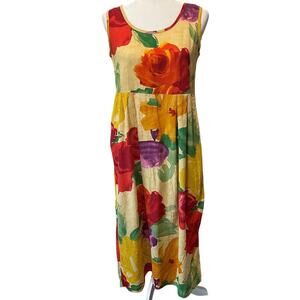 Jams World Sleeveless Midi Dress Sz S Pockets Floral Vintage Colorful Yellow Red